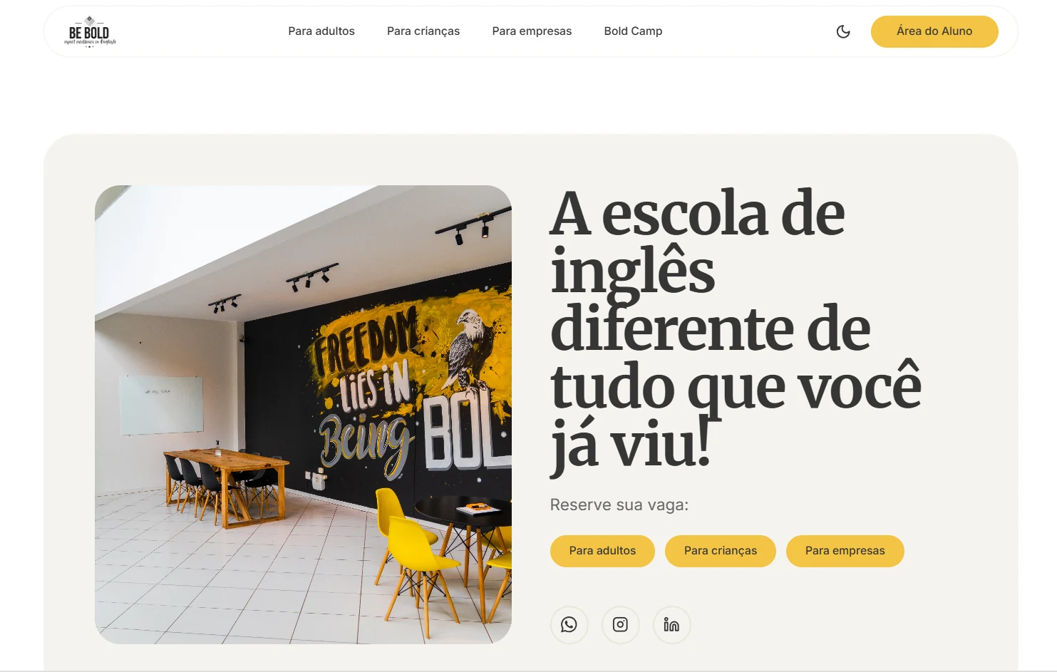 Página inicial do site da Be Bold English